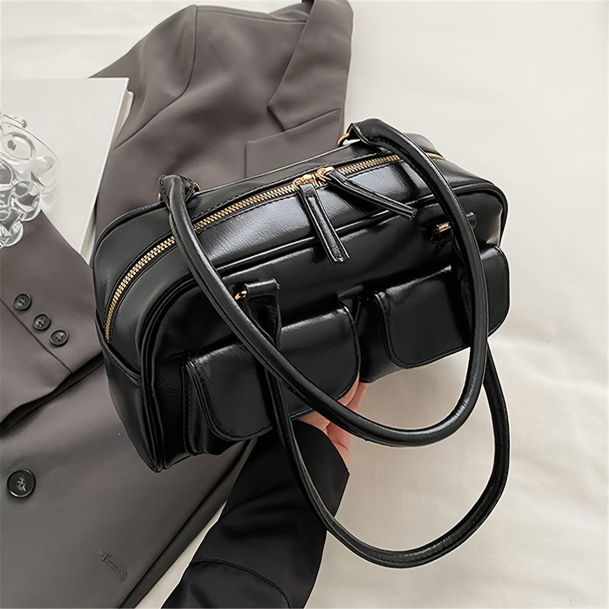 Black Bag with Exterior Pockets 