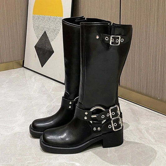 Black Double Belt Buckle Boots