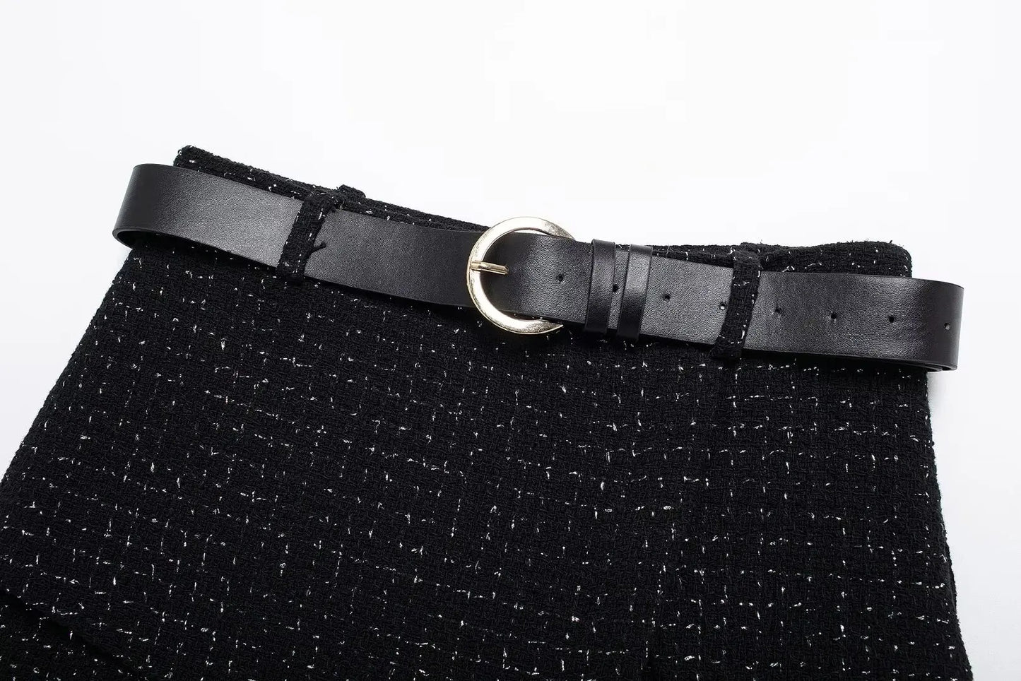 Pantalón Negro de Tweed con Cinturón