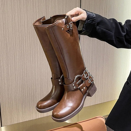 Brown Double Belt Buckle Boots